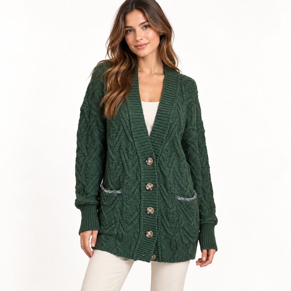 Free People Montana Cable Cardigan XS Green Chunky Oversized Longline